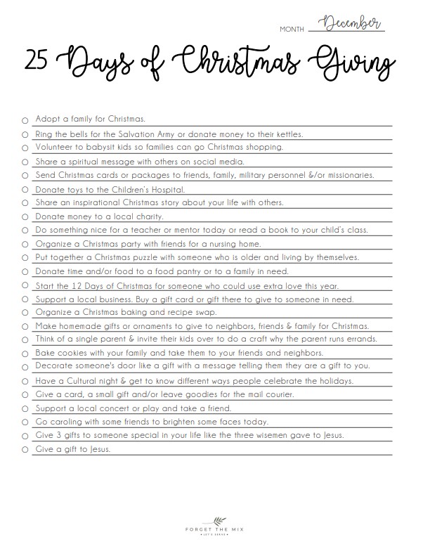 25 Days of Christmas Giving Printable Checklist - Forget the Mix